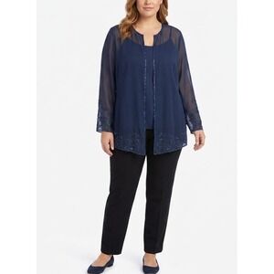 Nina Massini Navy Sheer Embellished Evening Top XL